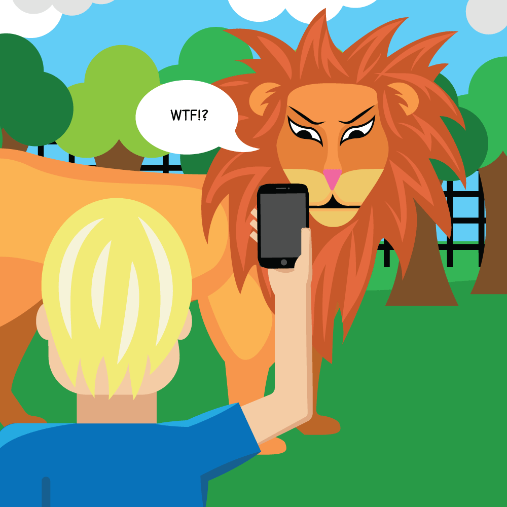 Boy takes a picture of the lion and the lion says, 'WTF!?'